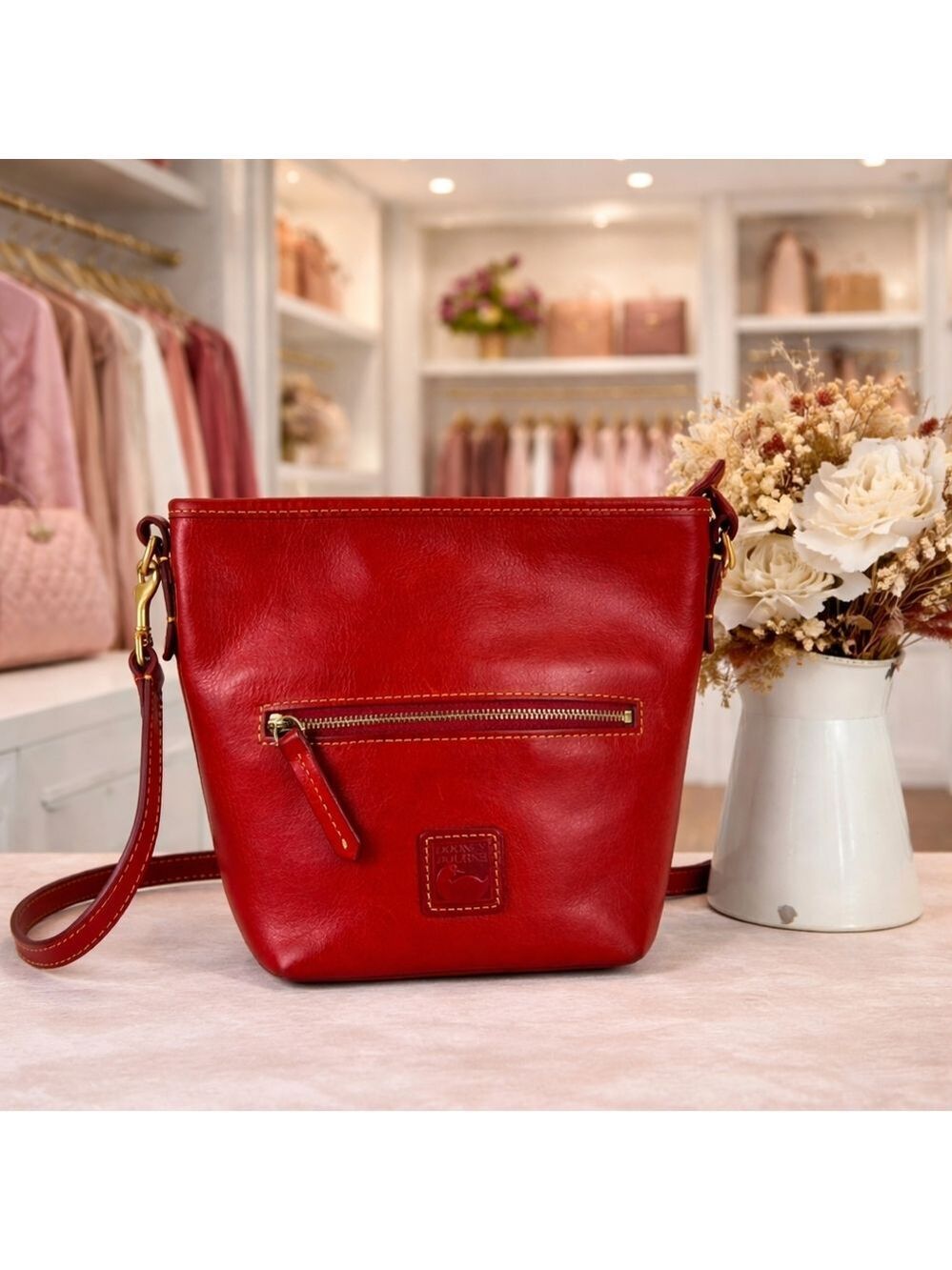 Dooney & Bourke Camden Red Florentine Leather Shoulder Crossbody Bucket‎ Bag